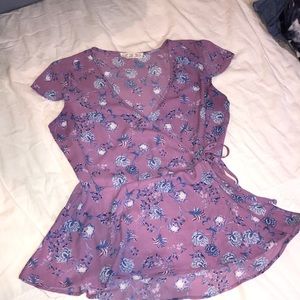 purple floral wrap shirt